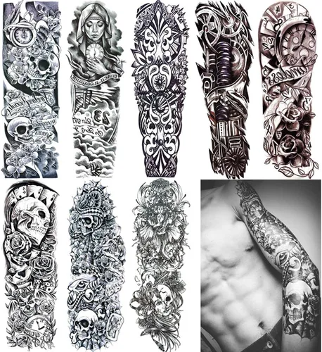 Juego de 8 hojas de tatuajes falsos temporales extra grandes de 18.9 x 6.7 pulgadas para hombres y mujeres, calcomanías de tatuaje de brazo