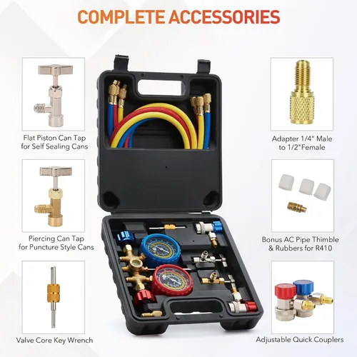 Miniatura 6 de WISSCOOL Juego de medidor de CA Calibradores de climatización para R134 R22 R12 R502, con mangueras de 5 pies acopladores adaptadores herramientas