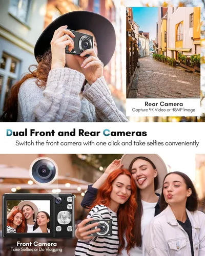 Miniatura 4 de Cámara digital 4K, cámaras de enfoque automático de 48 MP para fotografía, cámara compacta de vlogging con cámara frontal y trasera, cámaras de Negro