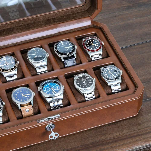 Miniatura 4 de ROTHWELL Caja de reloj de cuero con 12 ranuras, organizador de lujo para relojes, forro de microgamuza, soporte para relojes de joyería para hombre