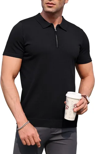 Miniatura 2 de RQP Camisas polo con cremallera para hombre, camisas casuales de punto de manga corta/larga, camisas de golf elásticas ajustadas, suéter suave