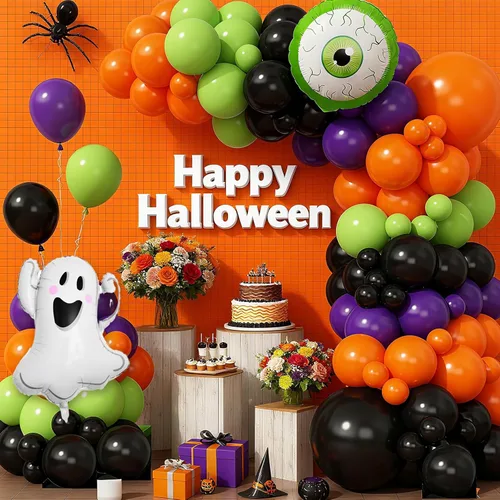 Miniatura 6 de Kit de arco de guirnalda de globos de Halloween, globos de papel de aluminio de fantasma y globo ocular grande con globos negros, naranjas, morados