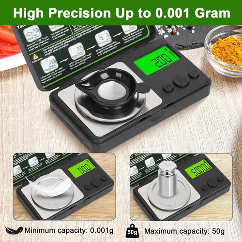 Miniatura 2 de Báscula digital de miligramo de 0.00 oz/1.76 oz, microbáscula portátil con pantalla, báscula de laboratorio de alta precisión para polvo