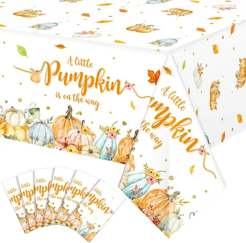 Miniatura 9 de WovWeave Paquete de 3 manteles de calabaza pequeña para decoración de fiesta de baby shower de otoño para niños y niñas, fundas de mesa para Acción