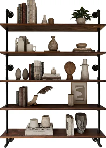 Miniatura 12 de Estantes de pared de tubería industrial con tablón de madera real, estantes flotantes de 48 pulgadas para pared, estantería de libros estilo granja