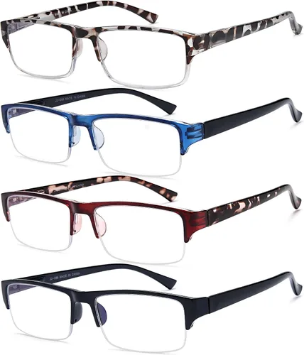 Miniatura 2 de EYEURL Paquete de 4 lentes de lectura con luz azul de medio marco para hombres, lectores rectangulares sin montura para mujeres, lentes de bisagra