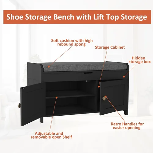 Miniatura 7 de HOMEFORT Banco para Zapatos de 30" con Almacenamiento de Tapa Elevable, Banco de Entrada con Asiento Acolchado, Banco de Madera para Pie de Cama