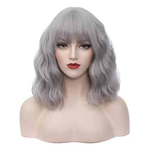 Miniatura 13 de BUFASHION Peluca rizada corta ondulada de 14 pulgadas para mujer, peluca sintética para cosplay, Halloween, peluca con flequillo lateral (negro)