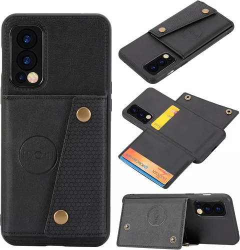 Funda compatible con OnePlus Nord 2 5G DN2101 DN2103 Kickstand [piel sintética + carcasa + tarjetero] 2 en 1 cubierta magnética negra