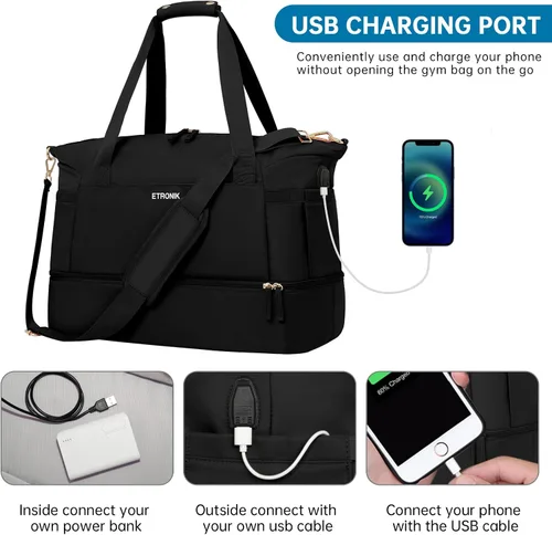 Miniatura 5 de ETRONIK Bolsa de viaje para mujer, bolsa de gimnasio con puerto de carga USB, bolsa de fin de semana con bolsillo para ropa húmeda y compartimento