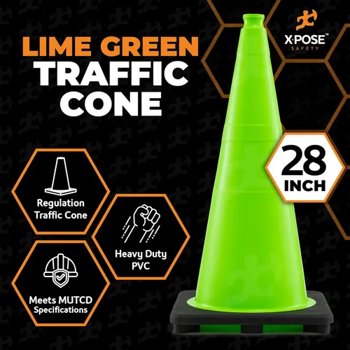Miniatura 4 de Xpose Safety Cono de tráfico verde lima de 28 pulgadas, paquete de 4, cono de seguridad de PVC de alta calidad para estacionamiento, precaución