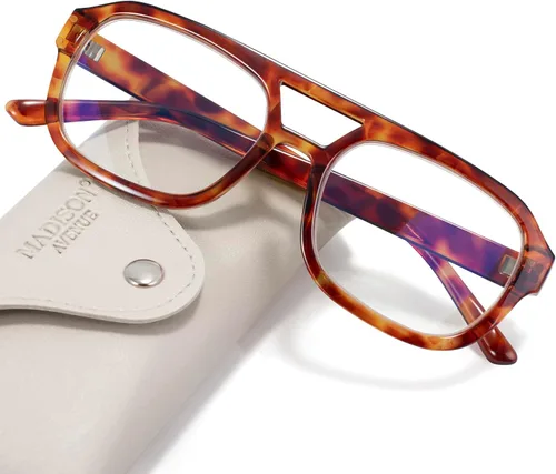 Madison Avenue Lentes retro con bloqueo de luz azul de aviador para mujeres y hombres con funda, anteojos rectangulares de moda para computadora