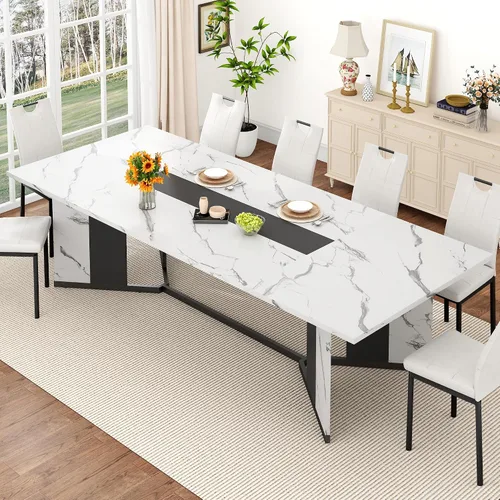 Miniatura 9 de Juego de mesa de comedor de 7 piezas para 4, 6 personas, mesa de cocina grande de madera larga de 71 pulgadas con 6 sillas acolchadas con mesa