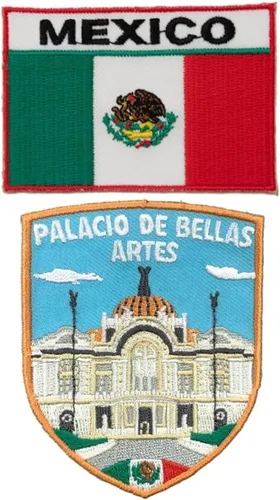 A-ONE Paquete de 2 parches de escudo Palacio de Bellas Artes+emblema de la bandera de México, recuerdo de viaje, coser en mochilas, camisas, ropa