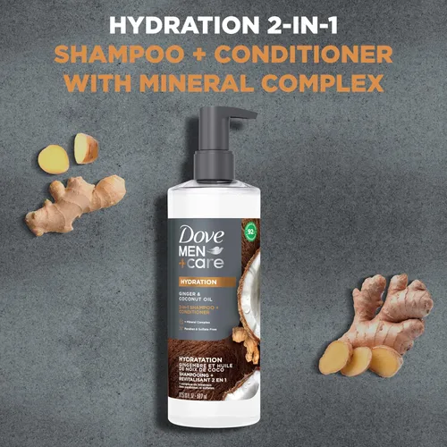 Miniatura 5 de DOVE MEN + CARE Champú 2 en 1 + Acondicionador Aceite de Jengibre y Coco para Cabello Hidratado+Complejo Mineral, 17.5 oz