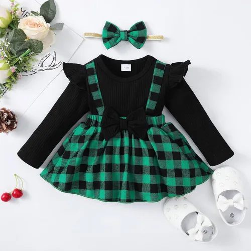 Miniatura 2 de OPAWO Vestido de niña recién nacida con volantes de encaje de manga largacorta, vestido de niña de flores, mameluco acanalado para otoño e invierno