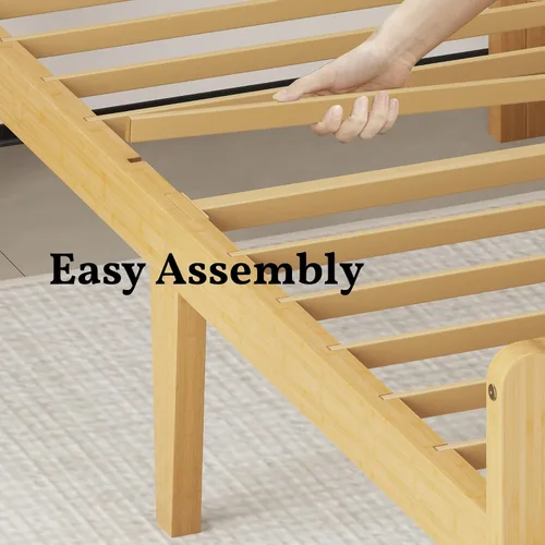 Miniatura 5 de Marco de cama de madera de bambú de 12 pulgadas con cabecero y estribo, marco de cama con soporte de listones de metal, resistente, no necesita
