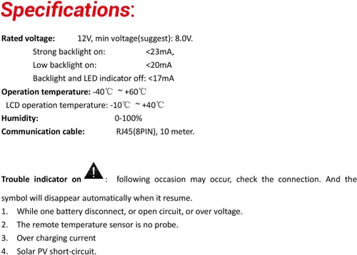 Miniatura 8 de EPEVER Medidor remoto MT-1 con pantalla LCD para controlador de carga de panel solar de batería dúo