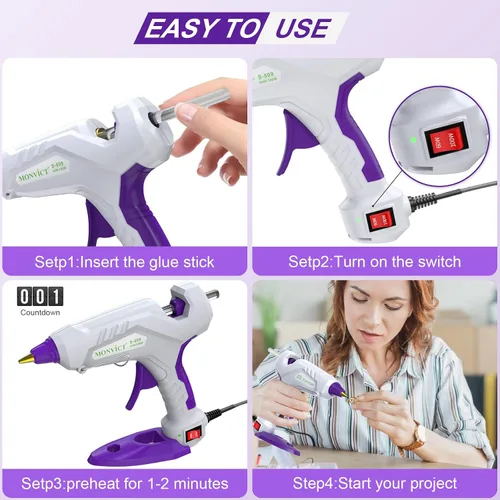 Miniatura 6 de MONVICT Pistola de pegamento caliente de tamaño completo, pistola de pegamento de doble temperatura de 60/100 W, soporte base resistente, kit