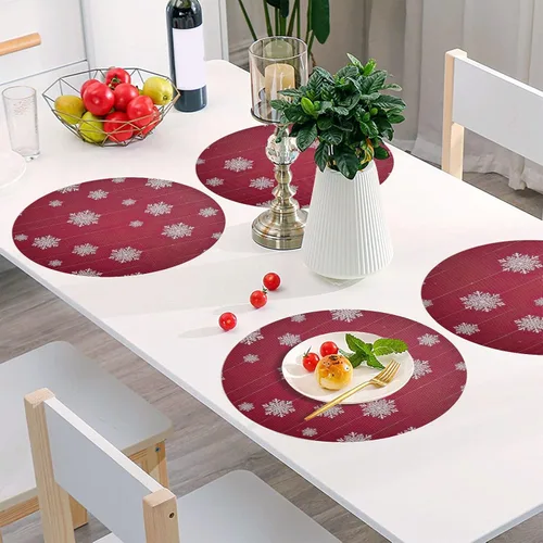 Miniatura 6 de White Snowflakes Red Christmas Round Placemat, Non Slip Dining Table Heat Protector Mats for Kitchen one sizex6