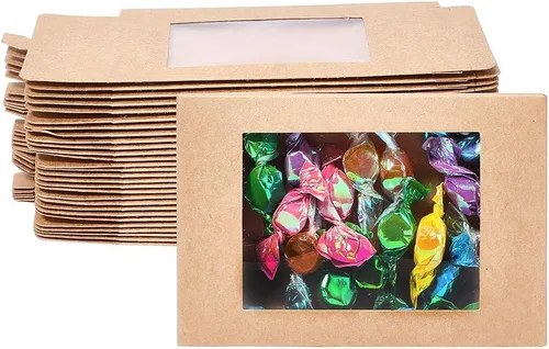 BENECREAT Paquete de 30 cajas de papel kraft de 5 x 3 x 0.6 pulgadas con ventana de PVC transparente, caja de regalo para dulces, galletas y otras