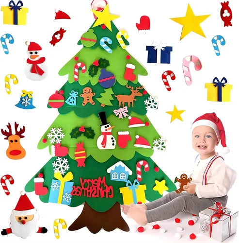 Miniatura 9 de LNV Juego de árbol de Navidad de fieltro con 32 adornos de Navidad y embalaje exquisito, regalos de Navidad para niños, decoración de Navidad