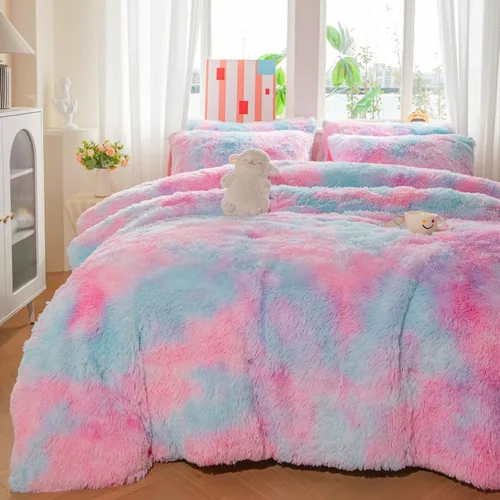 Miniatura 4 de Juego de edredón de piel sintética para niños y niñas, color morado y arcoíris, tamaño individual/matrimonial, juego de cama de 3 piezas, cálido