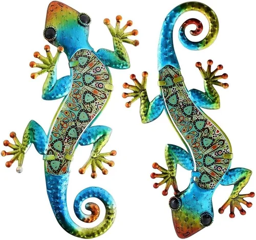 Miniatura 14 de HONGLAND Arte de pared de Gecko de metal, 2 unidades de lagarto de 15 pulgadas, decoración para exteriores, escultura de vidrio colgante, decoración