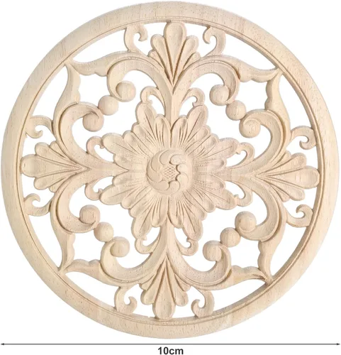 Miniatura 2 de MUXSAM Apliques decorativos de madera, 1 pieza redonda de madera, calcomanías talladas sin pintar, decoración central para el hogar, armario, camas