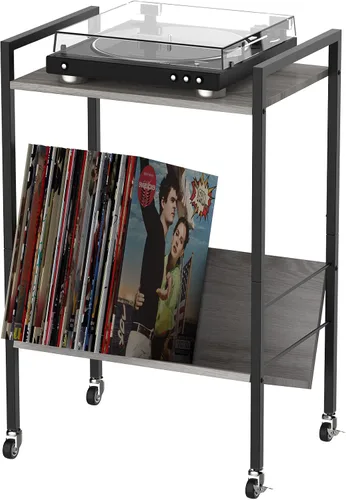 YBING Soporte para tocadiscos con almacenamiento de discos, mesa de almacenamiento de discos de vinilo, mesas auxiliares de 2 niveles, soporte