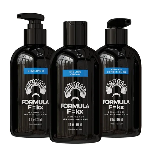 Formula F=kx - Sistema de cuidado del cabello rizado y rizado para hombres - Set de champú hidratante, acondicionador y crema para rizos, sin