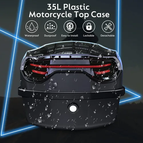 Miniatura 2 de 35L Motorcycle Top Case, Motorcycle Daily Tail Box Trunk Lockable Storage Carrier Plastic Case with Soft Backrest Universal Mounting for Helmet
