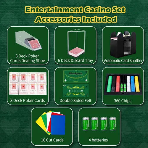 Miniatura 4 de Juego de mesa de casino, Blackjack/Texas Hold'em/Poker con zapato de cartas, bandeja de descarte, barajador automático, rastrillo de fichas, 360