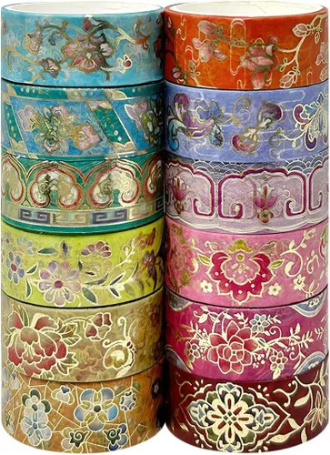Miniatura 8 de allydrew Elegante caja de cinta washi de lámina dorada para artes y manualidades, álbumes de recortes, papelería, diario (12 rollos), festival rosa