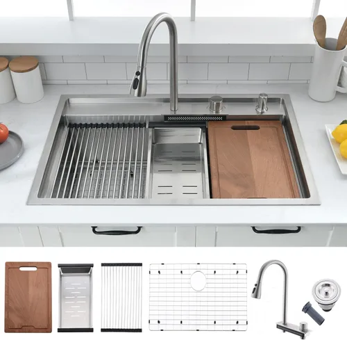 Miniatura 15 de Estación de trabajo de fregadero de cocina de 33 pulgadas - VOKIM 33 x 22 pulgadas, fregadero de cocina de montaje superior de 16 calibre, fregadero