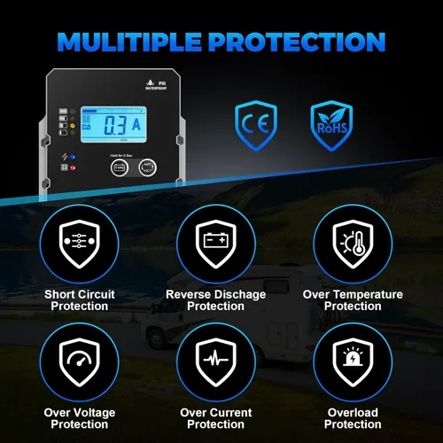 Miniatura 6 de LNEX Controlador de carga solar impermeable, regulador inteligente de batería de panel súper delgado 10A con pantalla LCD 12V/24V Controlador PWM