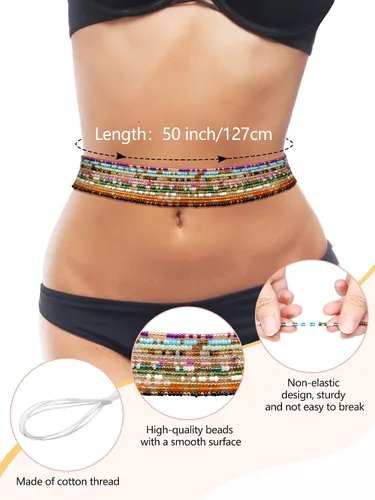 Miniatura 3 de Juego de 12 cuentas de cintura de 50 a 70 pulgadas, hechas a mano, coloridas cuentas africanas para el vientre, joyería para el cuerpo, joyería