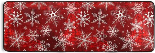 Miniatura 3 de Alfombra de pasillo de Navidad, patrón rojo con copos de nieve, alfombra de corredor de flores, alfombra antideslizante para cocina, alfombra