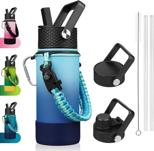 Miniatura 47 de BJPKPK - Botella de agua con tapa de popote, botellas de agua aisladas de 18 onzas con 3 tapas, asa de cuerda de paracaídas y base antideslizante
