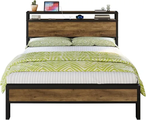 Miniatura 8 de LUXOAK Marco de cama tamaño Queen, marco de cama de plataforma con cabecera de almacenamiento de 2 niveles y estación de carga, no necesita somier