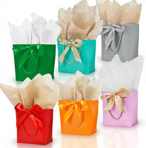 Miniatura 13 de Aosric Paquete de 12 bolsas de regalo negras con cinta de lazo, 7.48 x 3.54 x 7.9 pulgadas, elegante bolsa de regalo de cartulina pequeña con asas