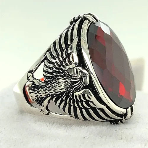 Miniatura 2 de Men Handmade Eagle Ring, Ruby Stone Ring, Silver Red Ruby Stone Ring, 925k Sterling Silver Ring, Handmade American Eagle Mens Ring