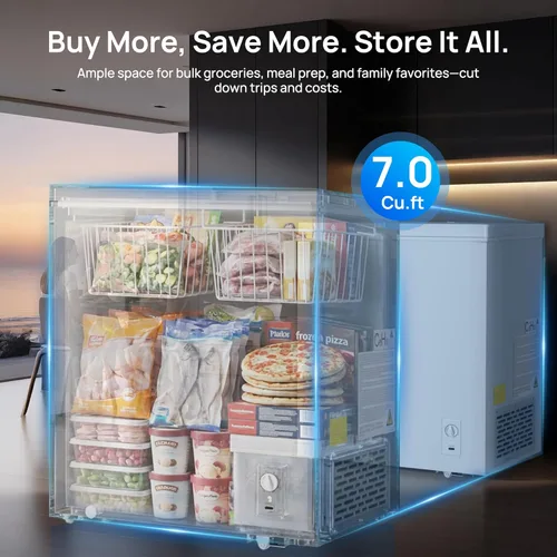 Miniatura 8 de Congelador de pecho de 7.0 pies cúbicos, pequeño y compacto con 7 termostatos ajustables, 2 cestas extraíbles, ahorro de energía, mini congelador