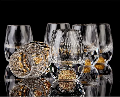 DUJUST Vasos de chupito de diamante (1.5 onzas), juego de chupitos de cristal decorado con copos de hoja de oro de 24 quilates, vasos de chupito de