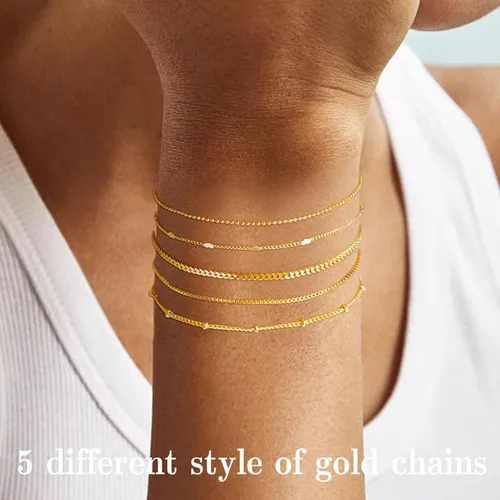 Miniatura 2 de Delicadas pulseras de oro para mujer, joyería de cadena de oro real de 14 quilates para mujer, impermeables, apilables, delgadas, con clip de papel