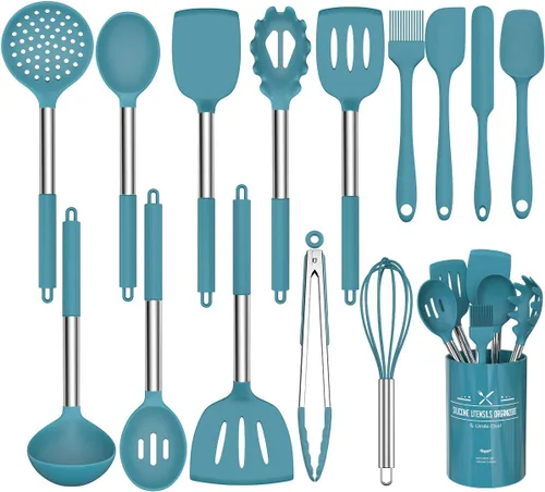15 piezas de utensilios de cocina de silicona Umite Chef - Juego de herramientas de cocina resistentes al calor de 446°F con mangos de acero Azul