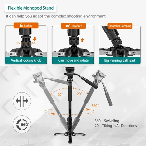 Miniatura 4 de Monopod extensible de aluminio para cámara con cabezal fluido y base de trípode plegable para cámara DSLR. Altura máxima de 58 pulgadas. Carga útil