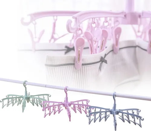 Miniatura 7 de Estante de secado plegable con 24 clips para secar calcetines, ropa de bebé, toallas de secado giratorias, 2 piezas (verde)