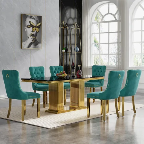 Miniatura 25 de HomVent Juego de mesa de comedor moderna de mármol sintético para 4 personas, mesa de cocina rectangular con 4 sillas beige (dorado)