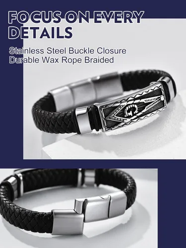 Miniatura 4 de Bandmax Pulsera trenzada de cuero negro para hombre con colgante gótico punk, pulsera de cuero con hebilla de acero inoxidable, paquete de regalo